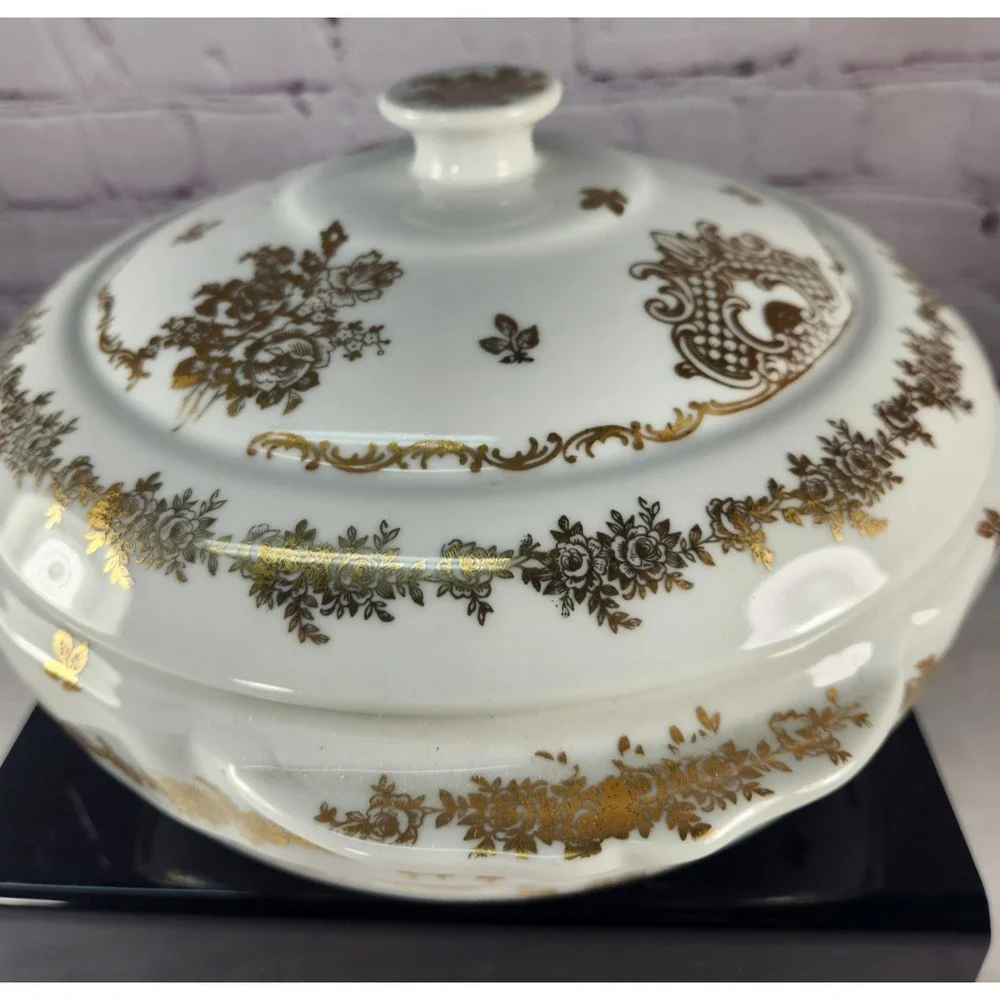 RARE Vintage Pate de LIMOGES France Hand Painted Covered Serving Dish Bowl Gold
